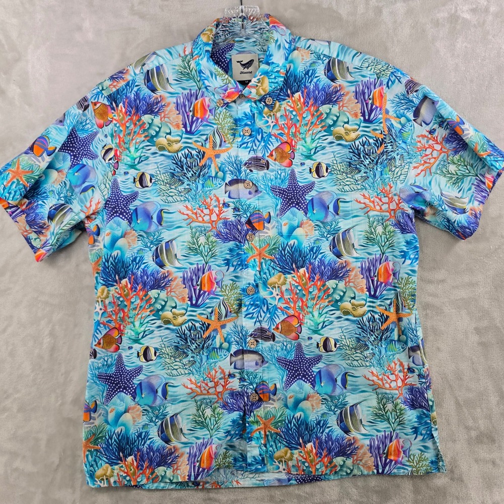 Yiume Button Down Shirt Mens M Blue Coral Reef Fish Tropical Short Sleeve Cotton